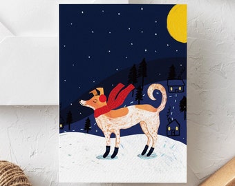 Dog Christmas Card snowy village night Cards 10 pack cute dog card holiday holiday cards blank inside