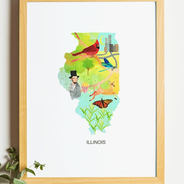 Illinois Map print watercolours collage USA Art Map Art Chicago Americana State map wall art unframed 8 x 10 or 11 x 14 standard frame size