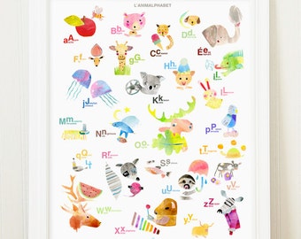 French English Alphabet Poster Art Print Bilingual  Learn French Alphabet Poster with Animals. ABC. Baby Gift, Nursery Wall Decor Children