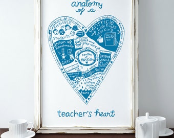 Teacher's Heart Wall Print 12 x 16 Standard Frame size Unframed heart wall art graduation print inkjet heart teacher gift blue