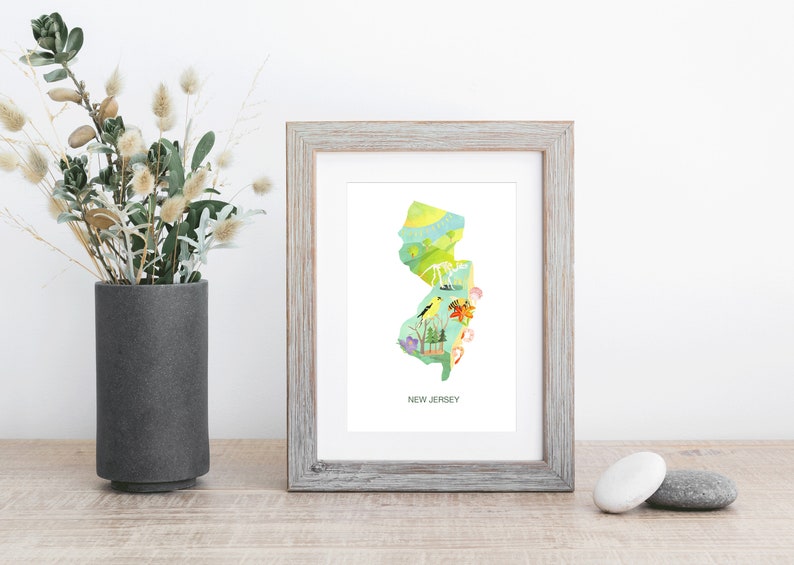 New Jersey Map wallprint watercolors USA Art Map Art east coast Americana State wall art unframed 11 x 14 12 x 18 standard frame size image 1