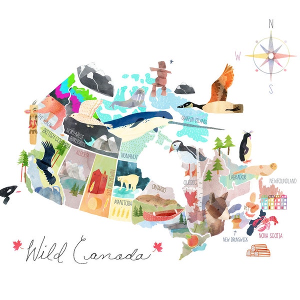 Map of Canada Illustrated Canada watercolour bright whimsical Map Standard 12 x 18 or 16 x 20 or 18 x 24 or 24 x 36 XL unframed formats