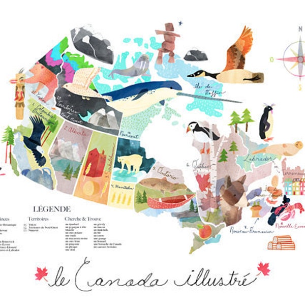 Map of Canada french français illustration poster affiche  16 x 20 or 12 x 18 format unframed watercolour ink