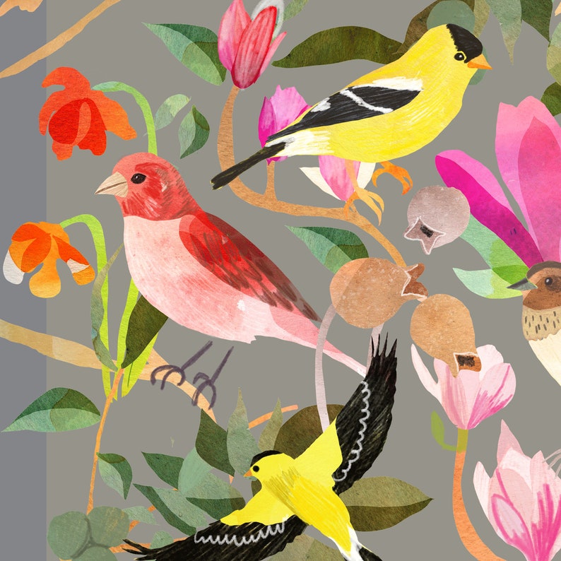 Birds and Flowers Colourful Wall Print Collage Unframed 11 X 14