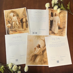 May include: Four printable cards with images and text about the Holy Week. The cards are white with black text and images of Jesus. The cards are titled "Holy Monday", "Holy Tuesday", "Good Friday", and "Holy Saturday".