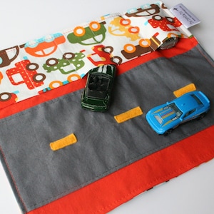 READY TO SHIP! - Car Caddy Roll Up w/ Road Play Mat - Traffic - (Holds 5 Toy Cars) - (Car Wallet/Holder/Travel Matchbox Car Carrier)