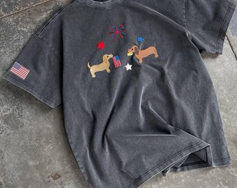 Embroidered Patriotic Dachshunds Washed Shirt, 4th of July Pup Shirt, USA Flag Pet Shirt, Independence Day Cute Shirt For Dog Mom