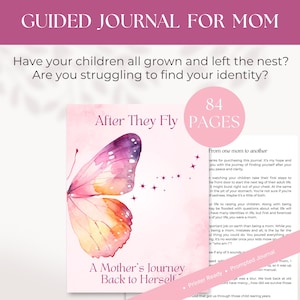 Puede incluir: Un diario guiado para madres, titulado "After They Fly", presenta un diseño de mariposa en acuarela en rosa, morado y naranja. El diario tiene 84 páginas y está diseñado para ayudar a las madres a redescubrirse.