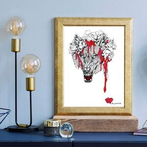 Painting the World Red - black, white, and red ink drawing reproduction