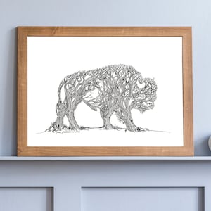 Where the Buffalo Roam- matte fine art print ink illustration drawing of a bison made of trees in a forest optical illusion art