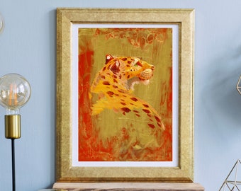 SunSpots - print of oil painting painting of an leopard coming out of a red gold abstract background