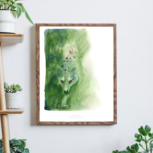 Emerge - print of watercolor and gouache painting of a mossy wolf with mushrooms disappearing into the mist