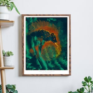 Fires of the Savannah- print of a oil painting of a hyena wreathed and breathing flame on a background of abstracted greens