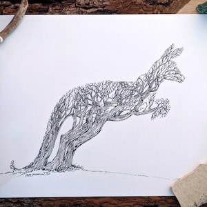 May include: A black and white line drawing of a kangaroo made entirely of tree branches. The kangaroo is in mid-jump with its tail extended behind it.