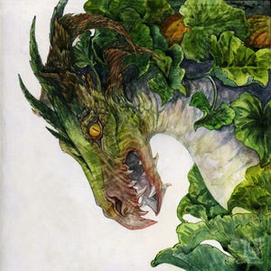 May include: Watercolor illustration of a green dragon's head with a yellow eye and sharp teeth. The dragon is partially covered in green leaves, creating a camouflage effect. The artwork has a fantasy theme.