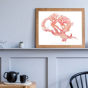 May include: A framed print of a red and orange tree with the text "The roots are in the soil, the crown is in the sky."