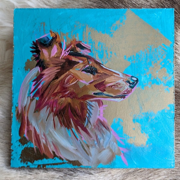 Sheltie Portrait on Teal and Gold - Unframed Oil Painting