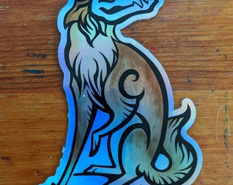 May include: A holographic sticker of a stylized, sitting dog with a blue, green, and brown color scheme.
