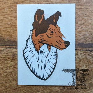 May include: An illustration of a dog's head, featuring brown and white fur, with a white background. The dog has brown ears, a brown nose, and a white patch on its forehead. The dog's fur is depicted in a woodblock print style.