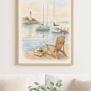 Seaside Serenity Printable Wall Art | Küsten Stuhl mit Blick aufs Meer | Digitaler Download | Strand Haus Dekor | Ruhiges Aquarell Poster