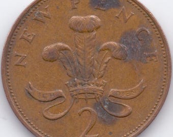 Moneda vintage de Gran Bretaña, Reino Unido, dos peniques, 1971, Reina Isabel II