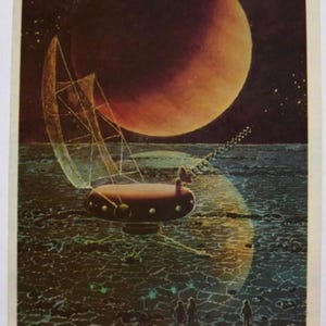 Carte postale vintage soviétique de l'URSS « Station spatiale soviétique sur l'Europe, la lune de Jupiter » 1982 RARE