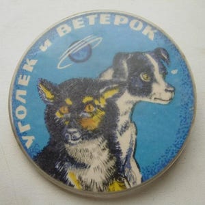 May include: A circular badge with a blue background, featuring two dogs and the Cyrillic text "VETEROK" and "UGOLOK". The dogs are depicted in black, white, and yellow, with a planet graphic. The badge has a clear plastic edge.