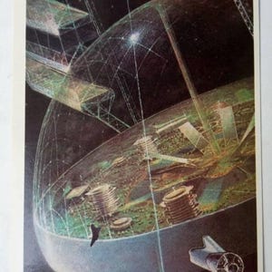 May include: An illustration of a futuristic space colony enclosed in a transparent dome. The image features a detailed depiction of the interior with buildings, structures, and a spacecraft in the foreground. The color palette includes shades of green, blue, and brown.