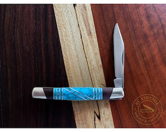 1997 David Yellowhorse Custom Buck 379 Knife – Turquoise & Ironwood Inlay – Navajo Made – 3.25" Closed
