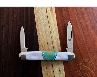 Vintage Camillus × Santa Fe Stoneworks Two-Blade Knife – MOP, Turquoise & Green Gem Inlay – Circa 1980s–90s