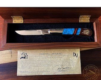 1999 David Yellowhorse Custom Hand-Crafted Folding Knife – 4.25" Closed – Navajo Inlay with COA (Signed Blade)