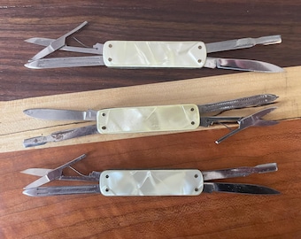 Vintage Faux Pearl Manicure Pocket Knife Set (3) | Mid-Century Grooming Tools | Paris Marked | Multi-Tool Nail Knives | 1950s–70s