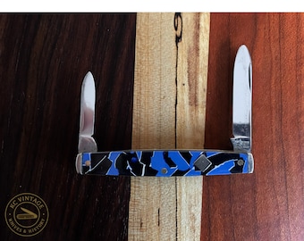 Vintage Winchester Two-Blade Pen Knife – Blue Swirl Handles with Diamond Inlay – Made in USA (Circa 1980s–1990s)