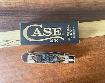 New Case XX Peach Seed Jig Amber Bone Trapper Knife w/Clip | Stainless Blades | USA Made | Model 06540