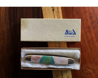 Vintage Camillus × Santa Fe Stoneworks Two-Blade Knife – MOP, Turquoise & Green Gem Inlay – Circa 1980s–90s