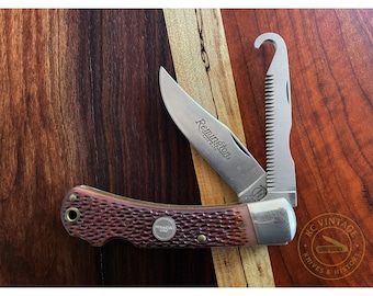 Vintage Remington UMC R-3 Hunter Lockback Knife – Jigged Brown Handles – 5” Folding Knife -- Circa 1990s