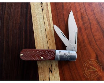 Vintage Boker Tree Brand Barlow Pocket Knife – Model 493 – Grooved Red Celluloid Handles – Two-Blade Folding Knife (Mid–Late 20th Century)