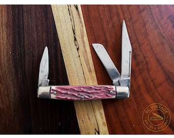 Vintage John Rodgers Sheffield England Three-Blade Pocket Knife – Pink Jigged Bone Handles – Circa 1930s to 1950s
