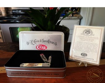Vintage 2006 Case XX Collectors Club Knife – Burnt Stag Handles – Model 52005RAZ SS – 4" Folding Knife with COA & Tin