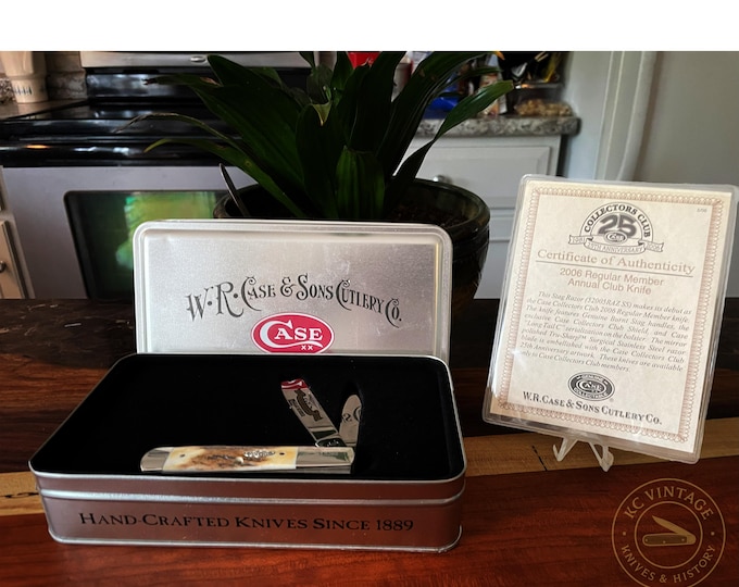 Featured listing image: Vintage 2006 Case XX Collectors Club Knife – Burnt Stag Handles – Model 52005RAZ SS – 4" Folding Knife with COA & Tin