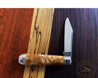Vintage Richards Sheffield Swell-End Jack Knife – Circa 1950s-1960s – Orange-Gold Celluloid Handles – Made in England