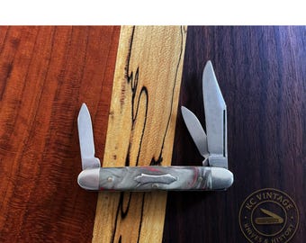 Vintage Imperial Prov RI 3 Blade Stockman Knife – Circa 1936-1952 – Red and Gray Celluloid Handles – 2 1/4 inch Closed