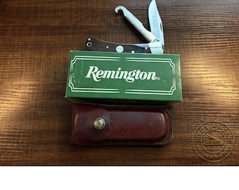 Remington R-3 Lockback Folding Knife – Original Box & Sheath – Sawcut Handles – Circa 1990s–2000s