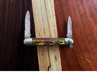 Vintage Case “Christmas Tree” Pen Knife – 1920s–1940s Era – 2-Blade Folding Pocket Knife – Swirled Glitter Celluloid Handles – USA Made