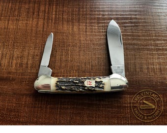 Vintage Robert Klaas Kissing Crane 2506 Canoe Knife – Genuine Stag Handles – Solingen Germany – 3 5/8" – Two-Blade Canoe Pattern