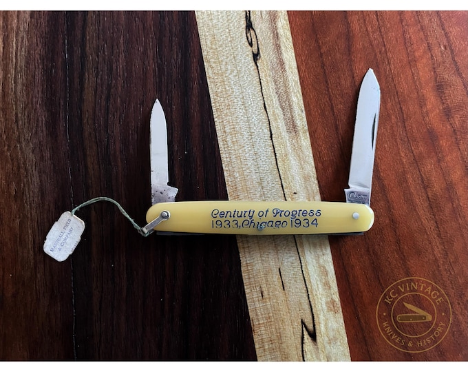 Featured listing image: Vintage Case Tested XX Century of Progress Pen Knife – 1933–1934 Chicago World's Fair – Marshall Field & Company Tag