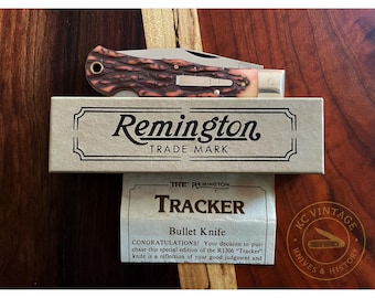 Vintage 1990 Remington R1306 Tracker Bullet Lockback Knife – Staglon Handles – Original Box & Paperwork