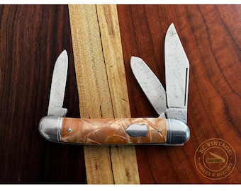 Vintage Imperial USA Stockman Pocket Knife – Peach Swirl Celluloid – c. 1940s–50s