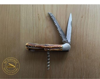 Circa 1950s–60s Wilh. Welback Solingen Germany Multi-Tool Folding Knife | Stag Handle | Sawblade, Spear Blade, Corkscrew