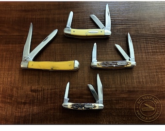 Vintage USA Pocket Knife Set – Queen Trapper (1958–60), Case 1986, Craftsman 9553, Schrade 807 – American Working Knives